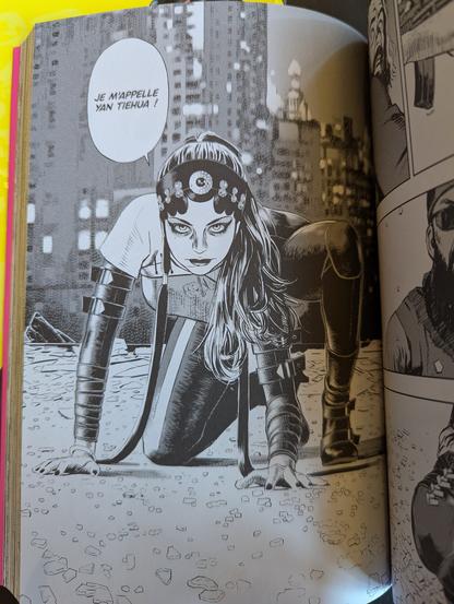Planche de Yan :
L'héroïne est accroupie au milieu de débris de vitres, et dit : "Je m'appelle Yan Tiehua !"
