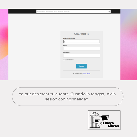 Crear cuenta:
Nombre de usuario (alias recomendado)
Email
Contraseña

¡Así de fácil!