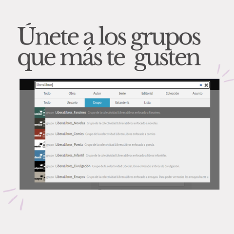 ¡Únete a los grupos que más te gusten!

Liberalibros_Fanzines
Liberalibros_Novelas
Liberalibors_Comics
Liberalibros_Infantil
Liberalibros_Divulgación
Liberalibros_Ensayos (nuestro buque insignia)
