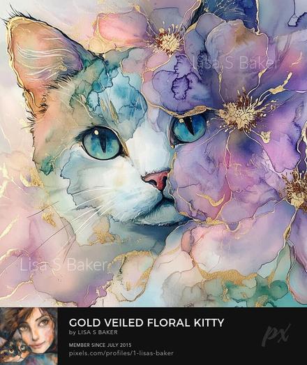 An art print of a pretty kitty peeking out from beautiful soft flowers etched with gold. Art by Lisa S Baker.