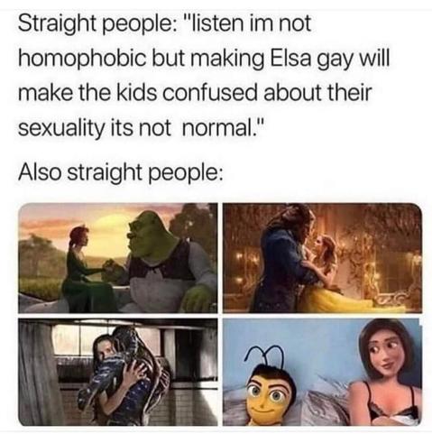 Caption: "Straight people: listen, I'm not homophobic but making Elsa gay will make the kids confused about their sexuality it's not normal.
Also straight people:"
Picture of Fiona in human form, with Shrek
Picture of Belle and the beast
Two more pictures of human characters with non-humans that I didn't recognise - sorry