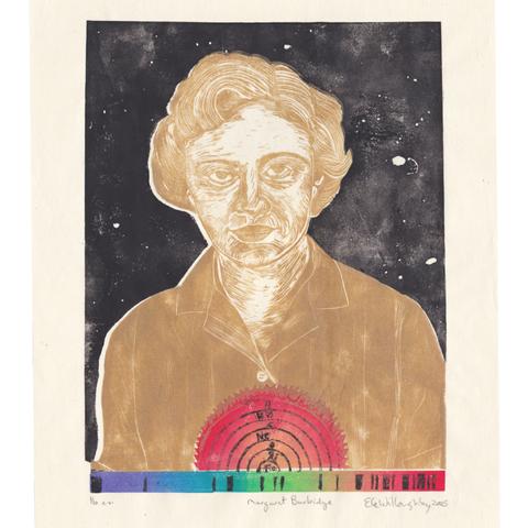 My linocut portrait of Margaret Burbidge shows the astrophysicist in gold in from the shoulders up looking directly at the viewer. She has short hair with a little curl and wears a short-sleeved button down shirt with wide stripes. Behind her in black ink is space complete with stars and galaxies. At the base in the centre is a semicircular diagram (flat side down) of a supergiant star cross section in a radial gradient of yellow to red with small radiating irregular spikes. This is overprinted in black concentric rings labelled from the centre out: Fe, Si,O, Ne, C, He, H. At the bottom is a stellar adsorption spectrum: a thin horizontal strip with rainbow gradient of violet at the left through to red at the right with sporadic black vertical stripes. It is printed by hand on ivory Japanese washi paper, 11” x 14”