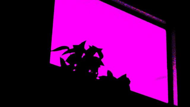Broken photograph. There is a silhouette of a window in bright magenta in the center on the image. In front of it, a silhouette of a plant sitting on the windowsill can be made out. The rest of the image is black.