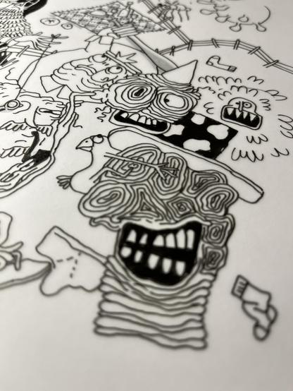 Close-up of a frame, drawn with pen and pencil on tracing paper.