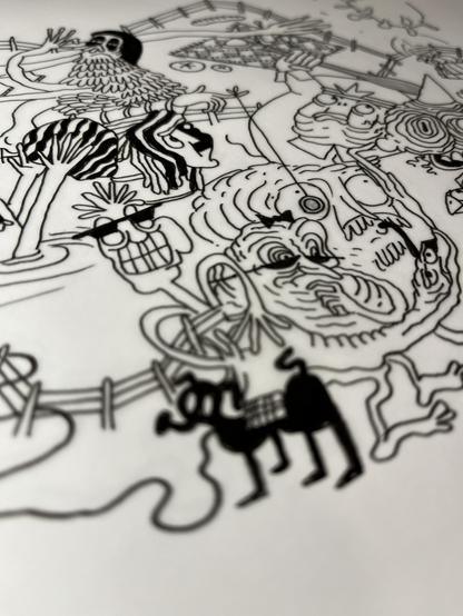 Close-up of a frame, drawn with pen and pencil on tracing paper.