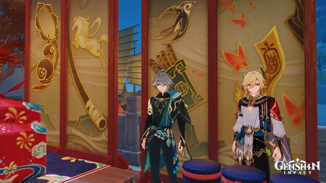 alhaitham and kaveh standing in front of decorative screens showing the legendary character symbols of lantern rite 2025 lore