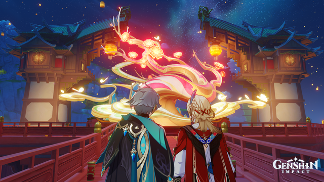 alhaitham and kaveh with 2025 lantern rite main display, the tree-shaped tao dou