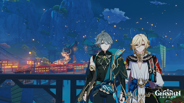 alhaitham and kaveh with the nighttime scenery of lantern rite
