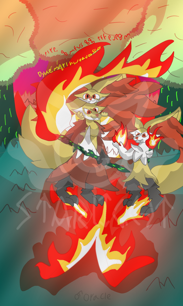 Delphox, Fennekin, and Braixen surrounded by fire in the middle of a forest.