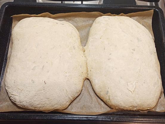 Zwei große, aufgegangene Fladenbrote aus hellem Teig liegen auf einem mit Backpapier ausgelegten Backblech. Die Brote sind in der Mitte zusammengewachsen und haben eine ungleichmäßige Oberfläche mit kleinen Kräuterstückchen. Das Backblech befindet sich auf einem Herd.