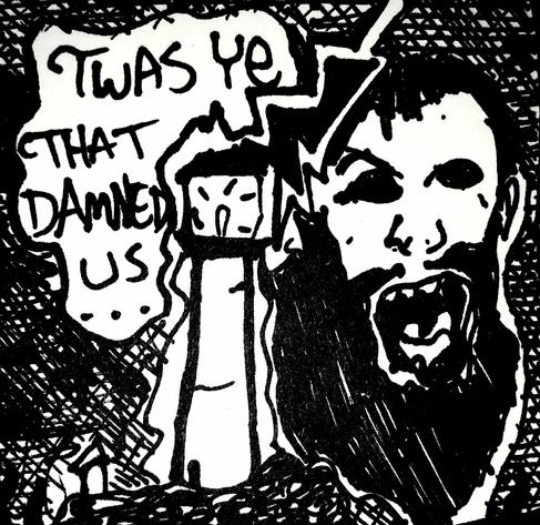 cover art for "twas ye that damned us" depicting a lighthouse being struck by lightning and the ragged, bearded face of a screaming man