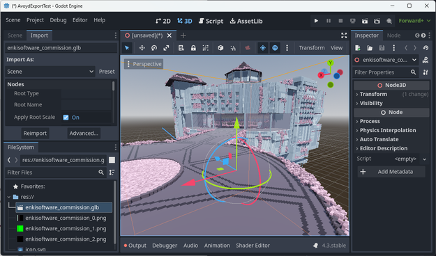 This image is a screenshot of the Godot Engine Editor. On the left side the Import window is open with the FileSystem showing a file called enkisoftware_commision.glb which has been exported from the Avoyd Voxel Editor. The central window shows a 3D view of a pink, purple and grey sci-fi building viewed from an ornate floating landing pad ringed with pink voxel vines.
