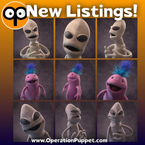 A grid of six images of three puppets, two aliens (gray and gree) and one pink Smol
