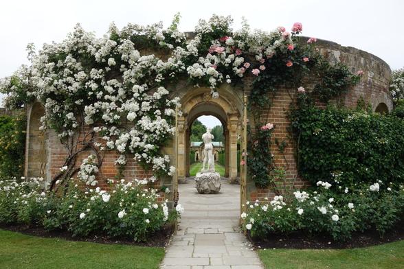 A brick archway covered in white and pink climbing roses frames a path leading to a statue in a garden setting.