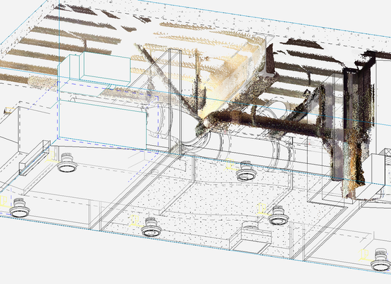 an overhead of a medical space with duct and other mechanical content. there is a scanned point cloud showing xisting structure and some small mechanical elements.
