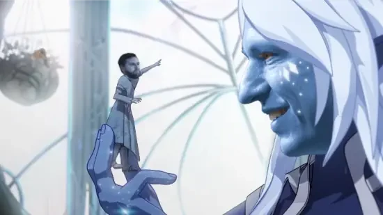 netflix aaravos opening scene shows gigantic puppetmaster (thiel) holding a small stone figure (jd vance)