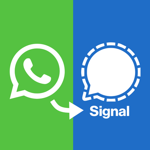 Graphic design, showing the WhatsApp logo next to the Signal messenger logo, with an arrow pointing from Whatsapp to Signal.
