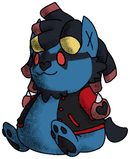 Caleb, an anthropomorphic Lucario (jackal-like canine), has been turned into a plushie Chumby Buddy! He has blue fur with a black mask across red eyes, as well as long black locs capped with yellow and red. He has scruffs of black fur on his cheeks and chin, as well as a black heart-shaped nose pad and paws. He wears a red and black varsity-style jacket.