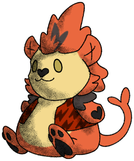 Alastor, an anthropomorphic monkey, has been turned into a plushie Chumby Buddy! He has reddish-orange fur and a yellow muzzle and underside, with amber eyes. His hair is poofed up into a pompador with black accents, along with black tufts on his shoulders, and a split tail tip. He wears a red vest with darker red lightning bolt motifs on it.