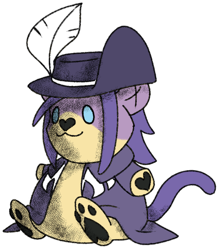 Owen, an anthropomorphic monkey, has been turned into a plushie Chumby Buddy! He has cream-colored fur with a lavender forehead, cheeks, and ears. He has long violet hair and tail, wearing a darker violet hat with a feather, and a long coat, his blue eyes piercing through.