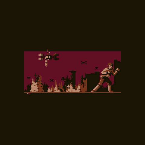 Left and center of the image has collapsed broken down buildings, right side there is a person who looks wounded looking towards left, background has a ruined city's silhouette with silhouettes of small drones. Left side of the image above the ruined buildings there is a drone hovering over them, still carrying a bomb.