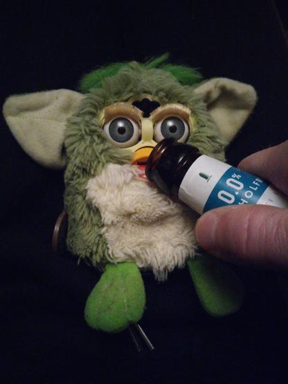 Ein grüner Furby auf meinem schwarzen Joggingbüxenschoß. Ich gebe ihm alkfreies Piwo in sein Schnäbelchen zu trinken.