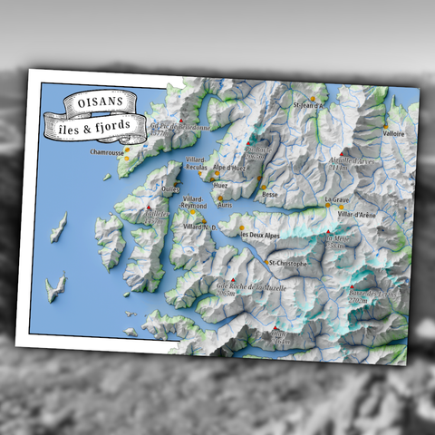carte postale 10 par 15 centimètres, représentant une carte géographique de l'Oisans, avec un niveau simulé de la mer à 1400 mètres au-dessus du niveau réel.