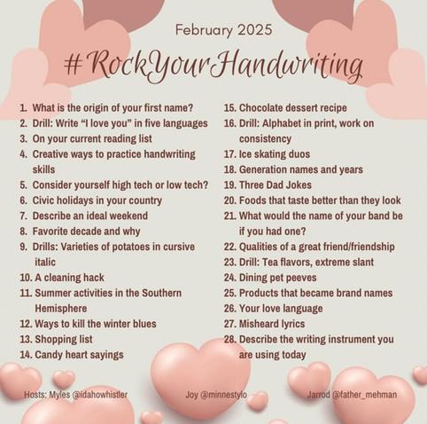 A list of prompts for February under the hashtag Rock Your Handwriting.