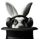 white rabbit emerging from top hat, wearing round John Lennon sunglasses and over-ears headphones