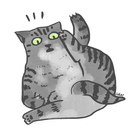 A doodle of a tabby cat kinda rolling on its back with surprised face.