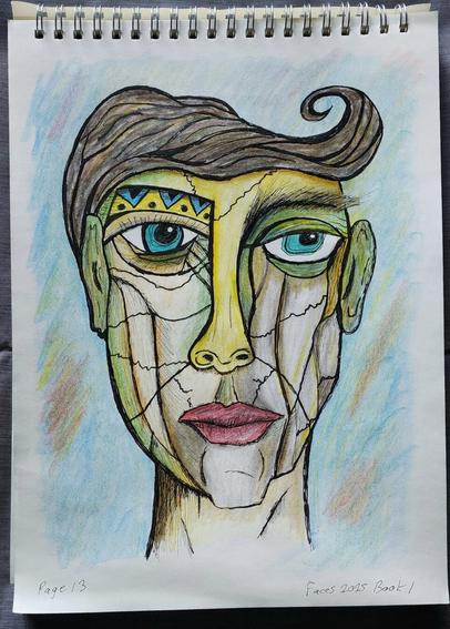 A top-bound spiral sketchbook showing a cubism-style illustration of a man with fractured lines and facial features on a blue background.

Text at the bottom of the page reads, Page 13 Faces 2025 Book 1