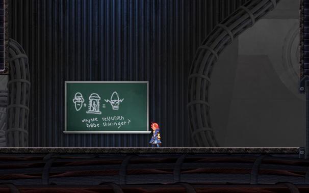 A green chalkboard with pictures of a face with Xs for eyes, then some electric thing, then a skull with lightning, and the legend: 
utilize the resource
dead vikings?