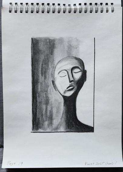 A top-bound spiral sketchbook showing a cubism-style illustration by San Diego artist, Steven Preston. Black and white abstract pencil drawing of a human face in shadow.

Text at the bottom of the page reads, Page 19 Faces 2025 Book 1