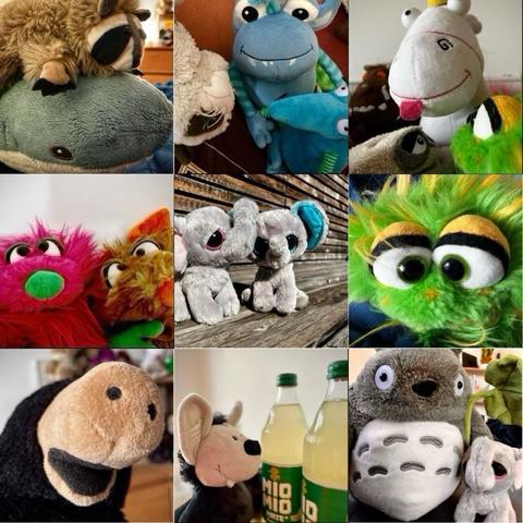 English: A collage of colorful plush toys featuring various characters. The top row displays a mix of animal-like plushies, while the middle showcases furry friends and two plush elephants. The bottom row includes a smiling plush mole, a plush bat with two bottles of banana mate and a plush totoro with a small grey plush elephant. 

Deutsch: Eine Collage von bunten Plüschtieren mit verschiedenen Figuren. Die obere Reihe zeigt eine Mischung aus tierähnlichen Plüschtieren, während die mittlere Reihe pelzige Freunde und zwei Plüschelefanten zeigt. Die untere Reihe umfasst einen lächelnden Plüschmaulwurf, eine Plüschfledermaus mit zwei Flaschen Bananenmate und einen Plüsch-Totoro mit einem kleinen grauen Plüsch-Elefanten.