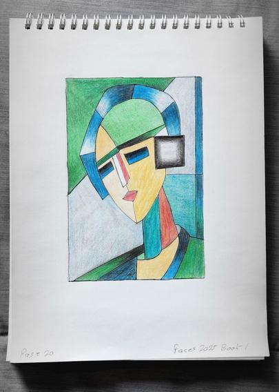 A top-bound spiral sketchbook showing a cubism-style illustration by San Diego artist, Steven Preston of a woman made up of geometric shapes shaded in greens and blues.

Text at the bottom of the page reads, Page 20 Faces 2025 Book 1