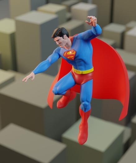 A 3D illustration of Superman flying over a city, looking down.