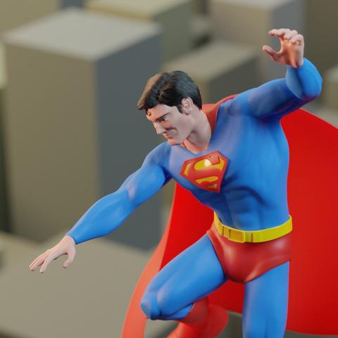 A 3D illustration of Superman flying over a city, looking down.