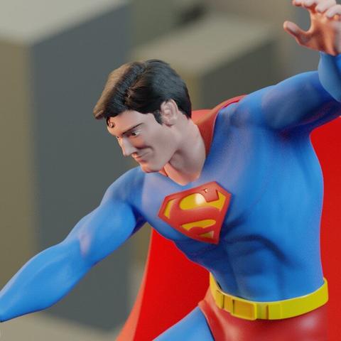 A 3D illustration of Superman flying over a city, looking down.