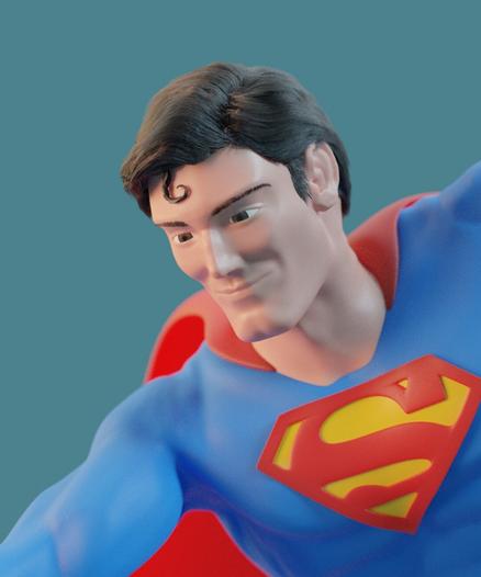 A 3D close-up of Superman flying, looking down.