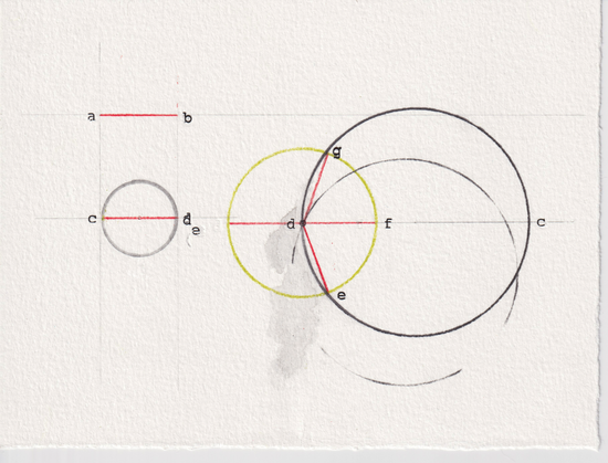 A rendering negotiated from book IV proposition 1 of Elements (1482 print-edition).

A series of circles proceeding smaller to largest, left to right; one & then two overlapping along with a failed third, measured throughout by identical segments of red line that appear periodically, mostly along certain diameters.

The second circle of the procession is light green and its center point exudes graphite.