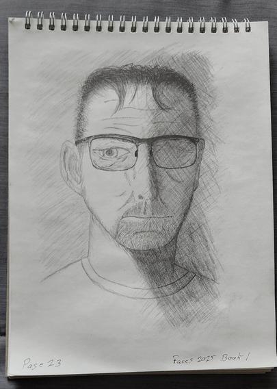 A top-bound spiral sketchbook showing a self-portrait illustration in pencil by San Diego artist, Steven Preston.

Text at the bottom of the page reads, Page 23 Faces 2025 Book 1
