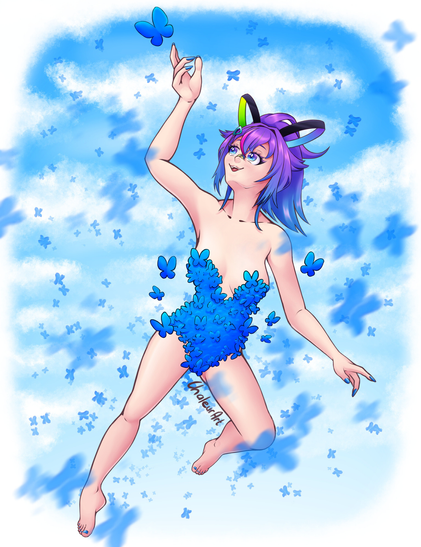 Digital drawing of Projekt Melody, she has pale skin, purple hair in a ponytail and blue eyes. She is floating in the sky with a swarm of blue butterflies. They are flying around her, some of them are forming a bodysuit covering her body. Light blue sky with white clouds.