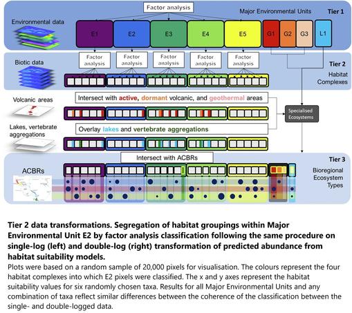 Graphic representation of the hierarchical classification process. Large, coloured cells (top row) represent Tier 1 Major Environmental Units (E1-E5); nested cells (middle rows) represent Tier 2, Habitat Complexes (including Distinct Overlay Ecosystems); and dark blue circles (bottom row) represent Tier 3, Bioregional Ecosystem Types. Geothermal Major Environmental Units are represented as red, orange, and pink nested cells. Penguin breeding areas are represented as a green cell nested within E1. The Lakes Major Environmental Unit (L) has one Habitat Complex (L1) represented by light blue cells. Antarctic Conservation Biogeographic Regions (ACBRs) in Tier 3 are illustrated by semi-transparent horizontal bands. Numbers and sizes of cells and circles are not to scale and are intended for illustration purposes only. Circles representing Bioregional Ecosystem Types have been placed to indicate that not all combinations exist, and existing combinations vary in size.