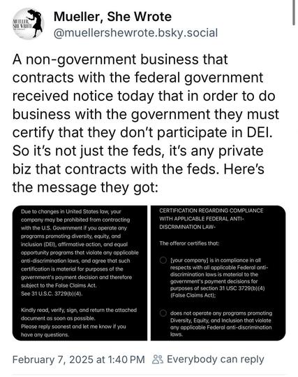 Screenshot from a post by Allison Gill (@muellershewrote.bsky.social on BlueSky) on Feb. 7, 2025 @ 1:40pm. It says:

A non-government business that contracts with the federal government received notice today that in order to do business with the government they must certify that they don’t participate in DEI. So it’s not just the feds, it’s any private biz that contracts with the feds. Here’s the message they got: 

(Before her text are two visuals with additional text, shared in the comments below)