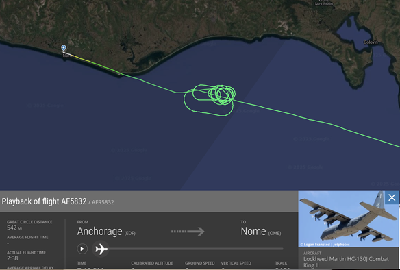 Screen grab of the tight search pattern before the Air Force Combat King aircraft landed in Nome, followed shortly by the Coast Guard Jayhawk helicopter.