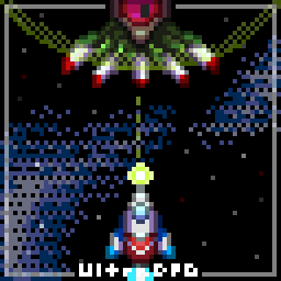 Pixel art of a ship charging a blast at an enemy. The project blast radius lightly appears around the target.