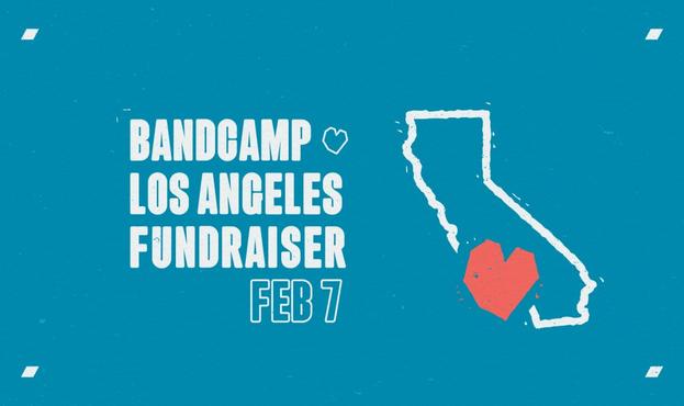 A graphic that shows a map of California with a heart over LA. It says "Bandcamp Los Angeles Fundraiser Feb 7"