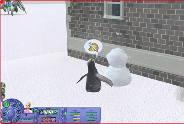 Screengrab of the Sims 2 Legacy Collection.

We see the outside of a brick house; the ground is covered in snow. Some snowflakes are in the air.

At the centre of the image is a penguin, flapping his lil wings, facing a (poorly built) snowman. There is a speech bubble over the penguin's head, which shows a hard hat and some sort of wrench.