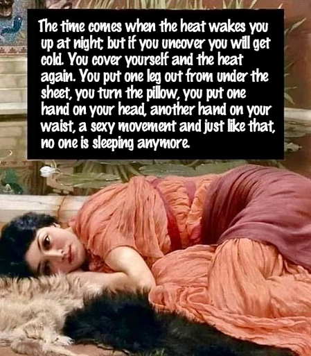 A young woman lying on the covers of the bed.
"The time comes when the heat wakes you up at night; but if you uncover you will get cold. You cover yourself and the heat again. You put one leg out from under the sheet, you turn the pillow, you put one hand on your head, another hand on your waist, a sexy movement and just like that, no one is sleeping anymore."