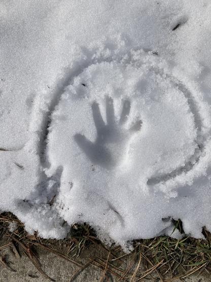 Child’s hand print in the snow.